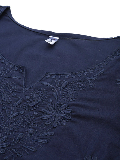 Navy Floral Chikankari Embroidered Pure Cotton Top