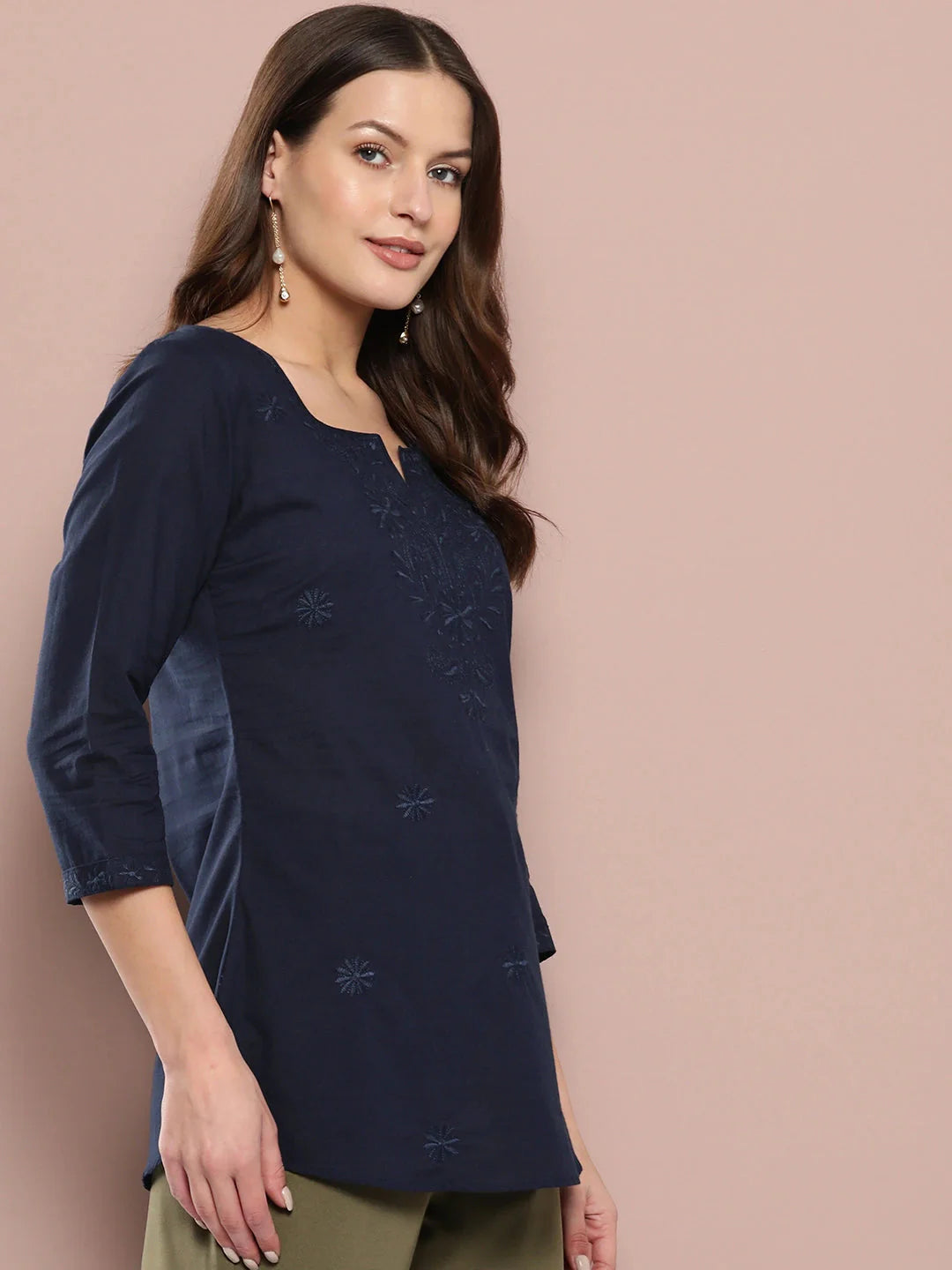 Navy Floral Chikankari Embroidered Pure Cotton Top
