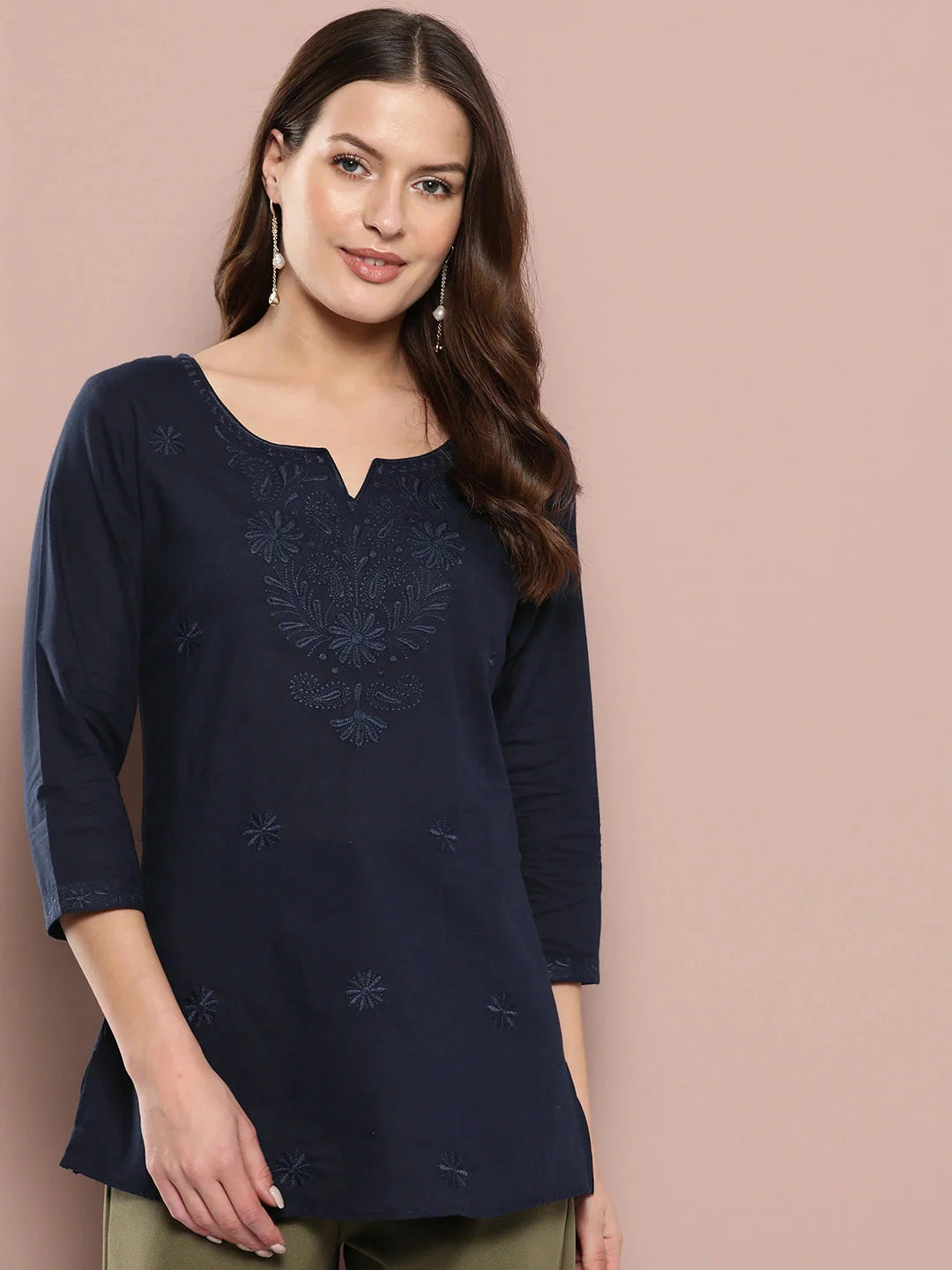 Navy Floral Chikankari Embroidered Pure Cotton Top