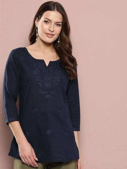 Navy Floral Chikankari Embroidered Pure Cotton Top