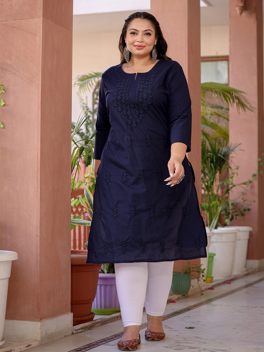 Navy Floral Plus Size Chikankari Kurti Women