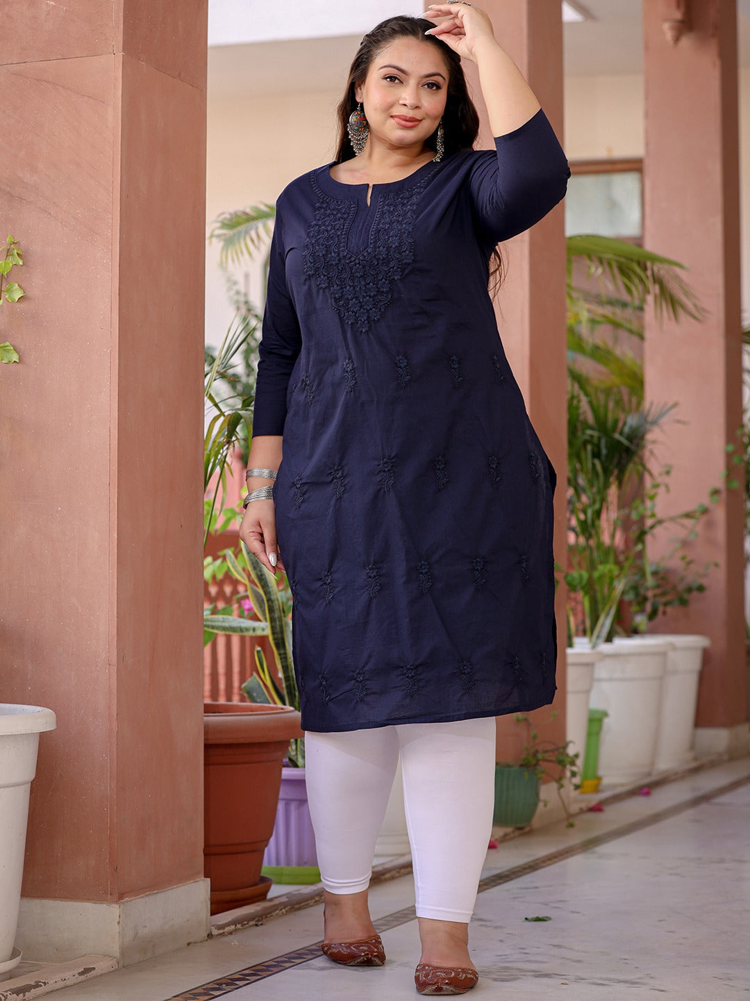 Navy Blue Floral Plus Size Chikankari Kurti Women