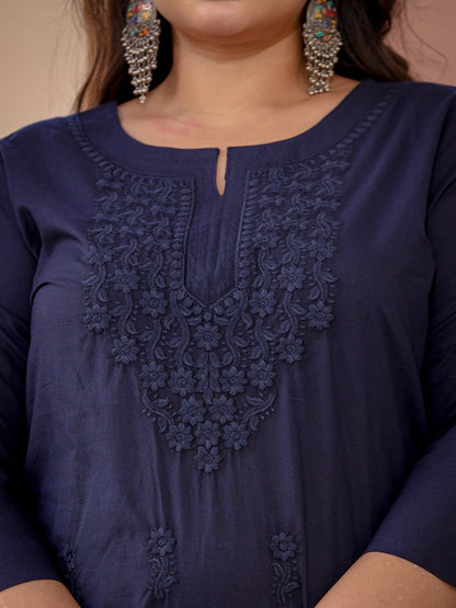 Navy Blue Floral Plus Size Chikankari Kurti Women