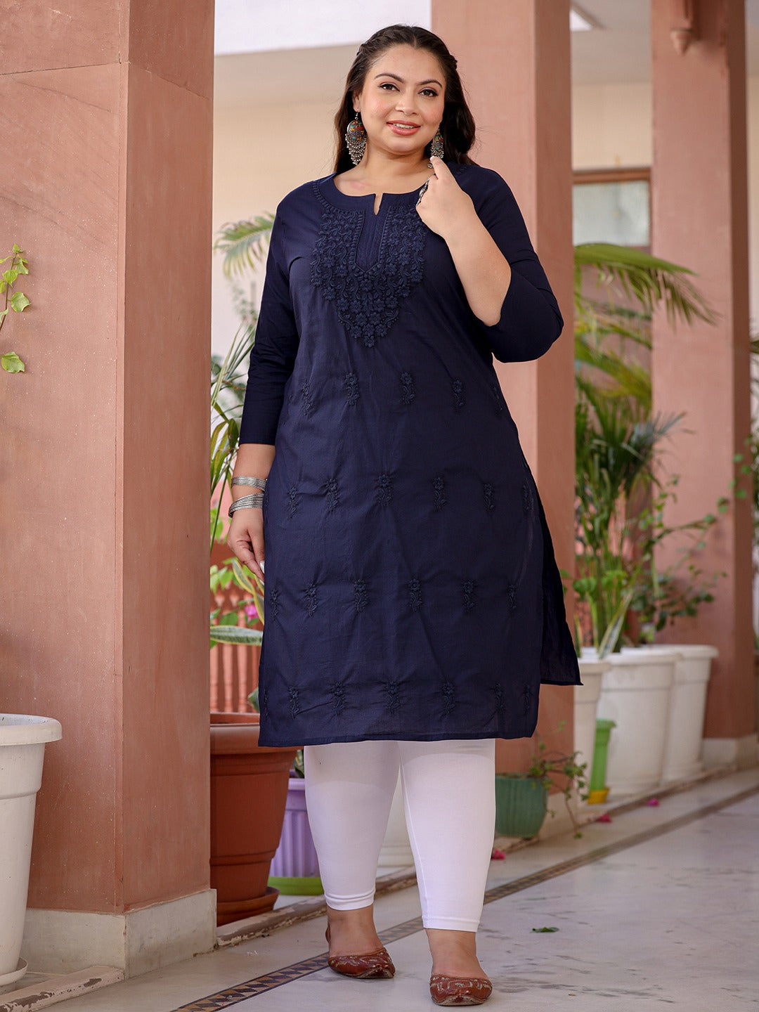 Navy Blue Floral Plus Size Chikankari Kurti Women