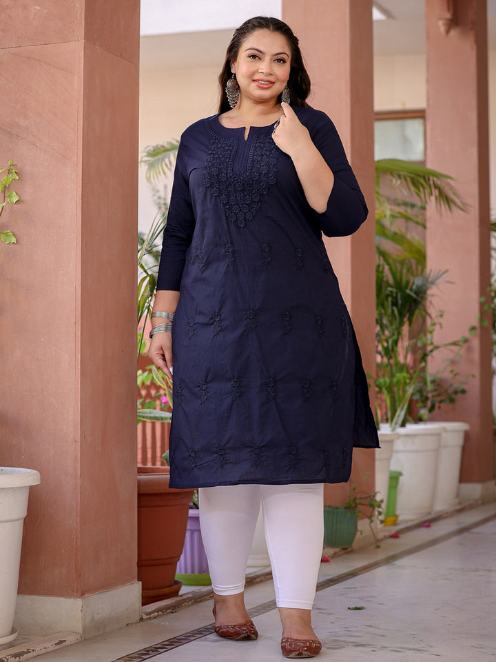 Navy Floral Plus Size Chikankari Kurti Women