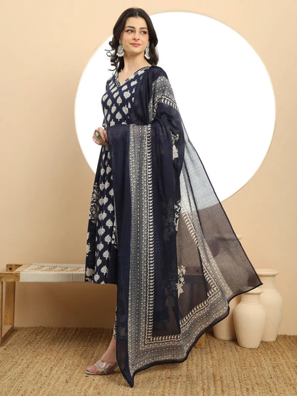 Navy Blue Floral Print A-Line Kurta Trouser Dupatta Set