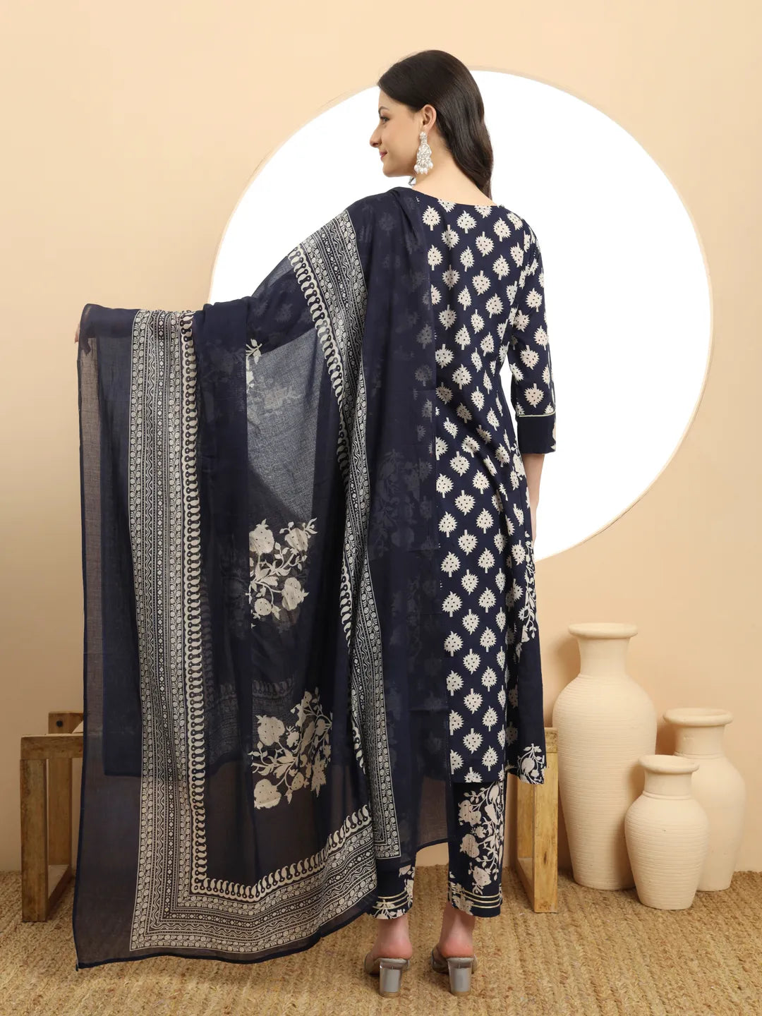 Navy Floral Print A-Line Kurta Trouser Dupatta Set