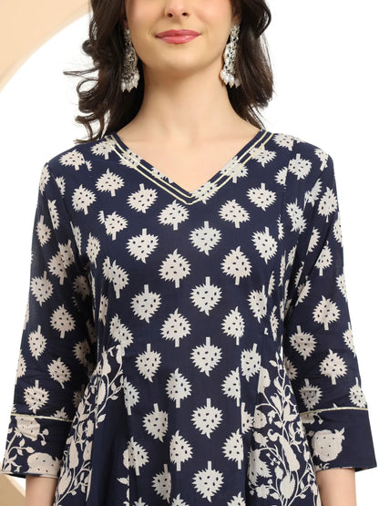 Navy Blue Floral Print A-Line Kurta Trouser Dupatta Set