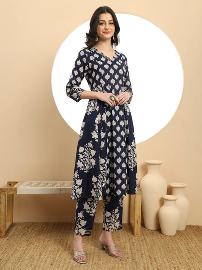 Navy Blue Floral Print A-Line Kurta Trouser Dupatta Set