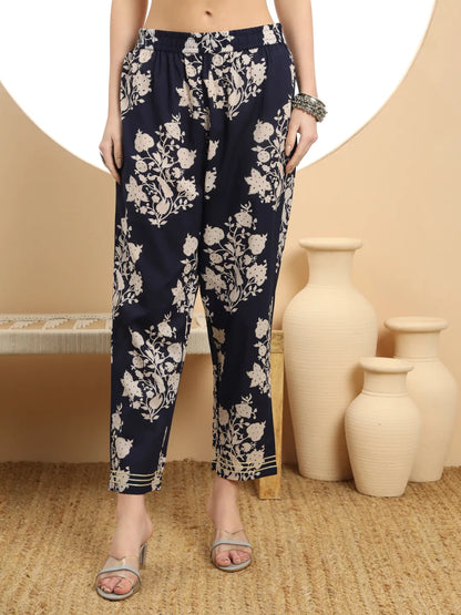 Navy Blue Floral Print A-Line Kurta Trouser Dupatta Set