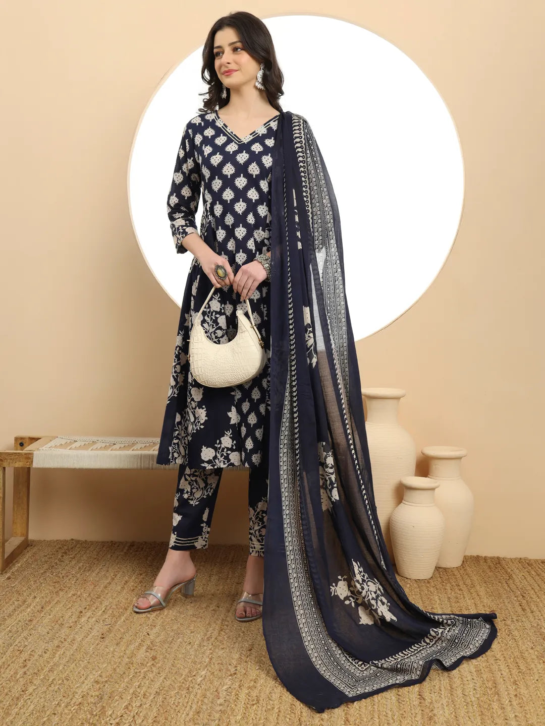 Navy Floral Print A-Line Kurta Trouser Dupatta Set