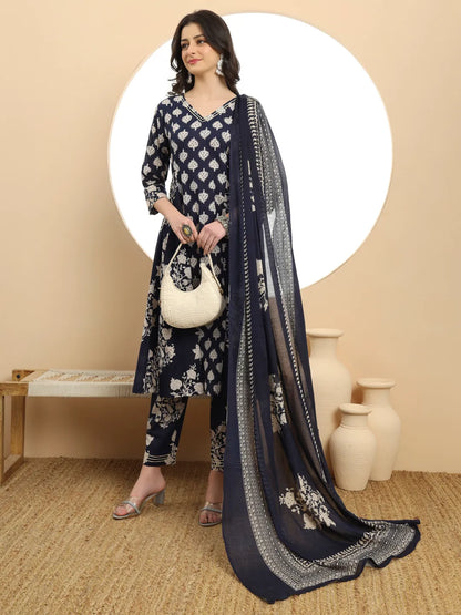 Navy Blue Floral Print A-Line Kurta Trouser Dupatta Set