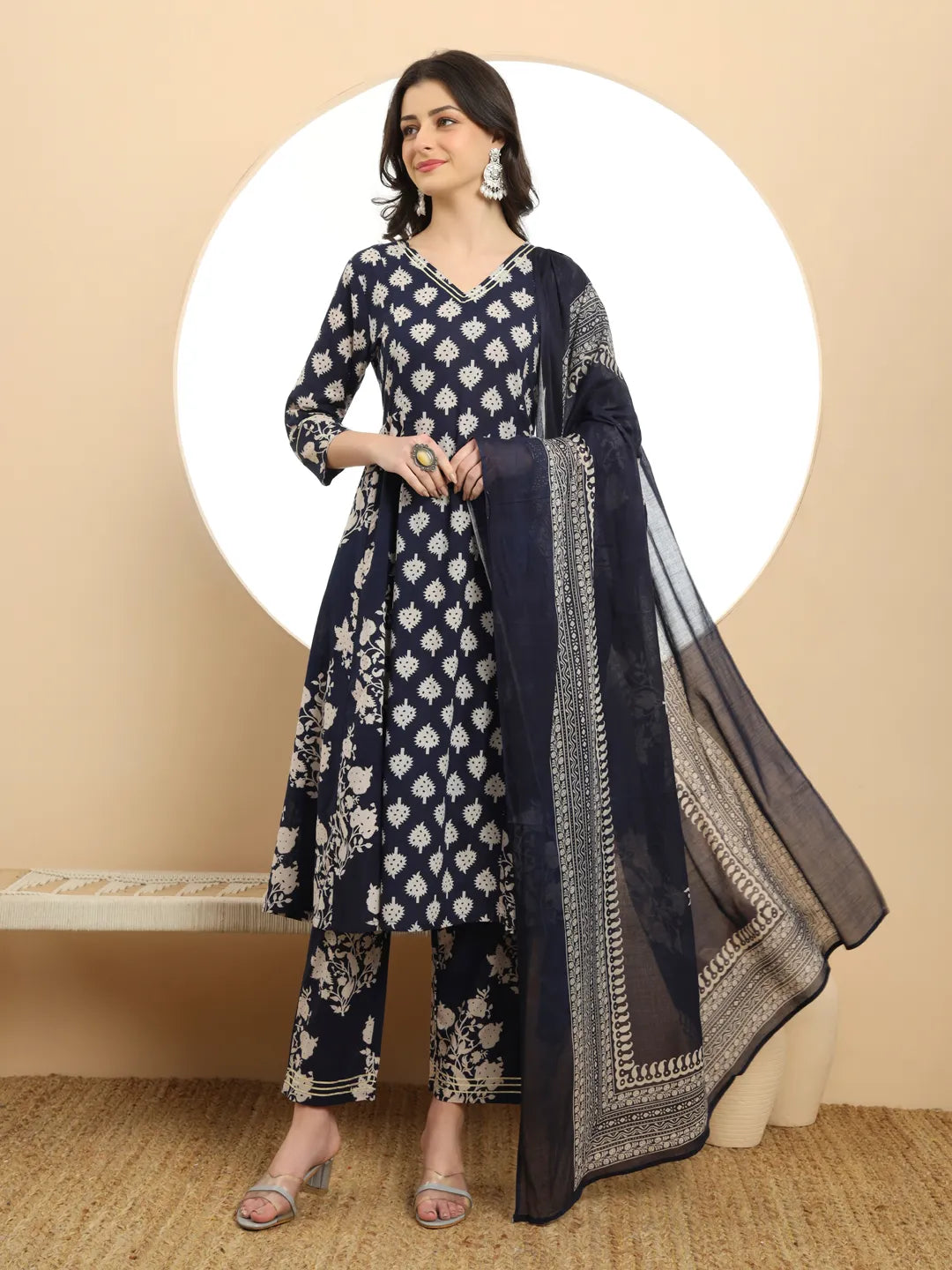 Navy Blue Floral Print A-Line Kurta Trouser Dupatta Set