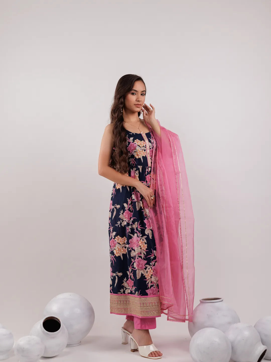 Navy Floral Print Cotton Fit And Flare Kurta Trouser &amp; Dupatta Set