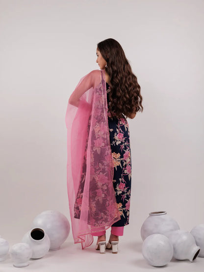 Navy Blue Floral Print Cotton Fit And Flare Kurta Trouser & Dupatta Set