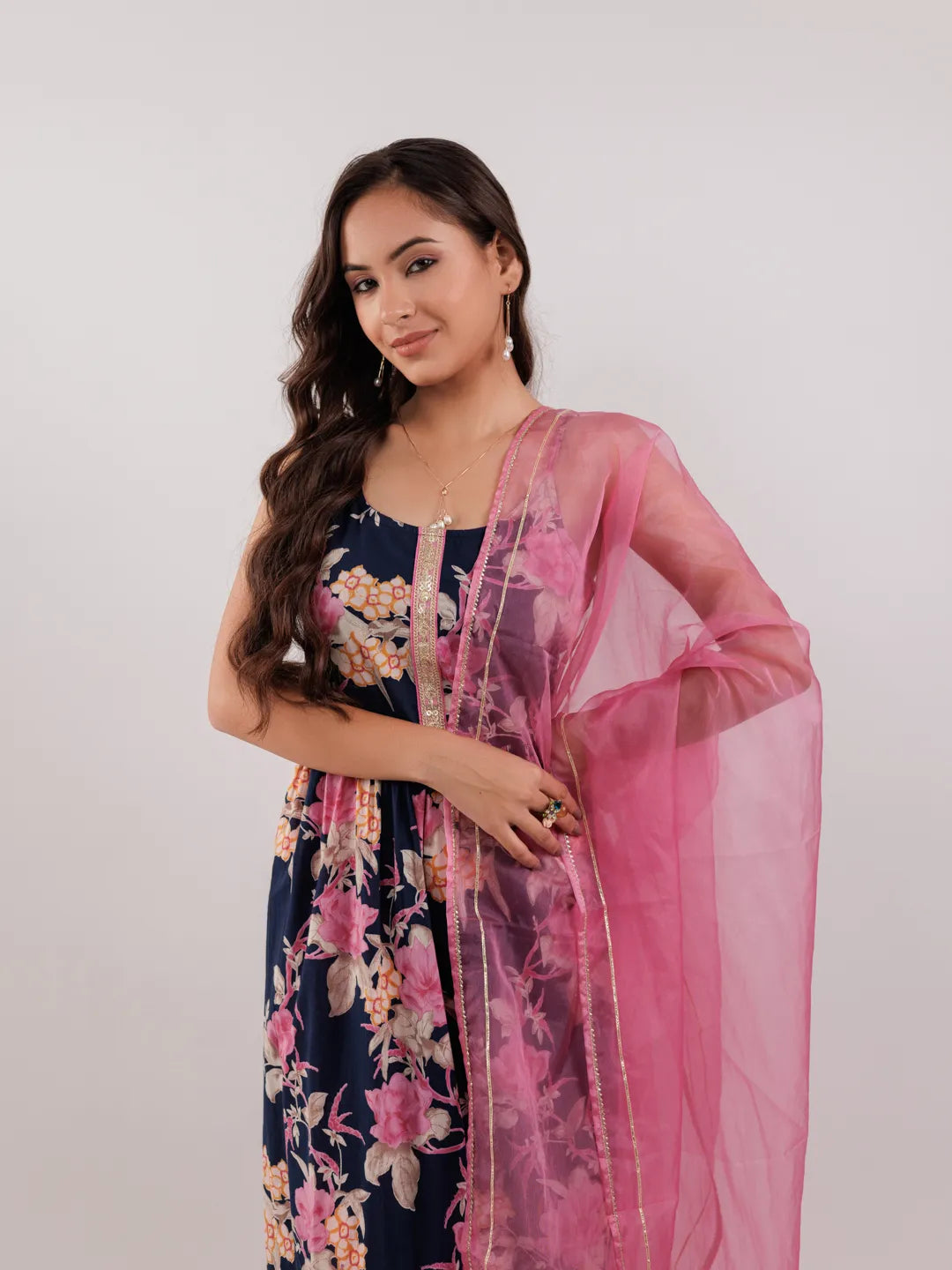 Navy Blue Floral Print Cotton Fit And Flare Kurta Trouser & Dupatta Set