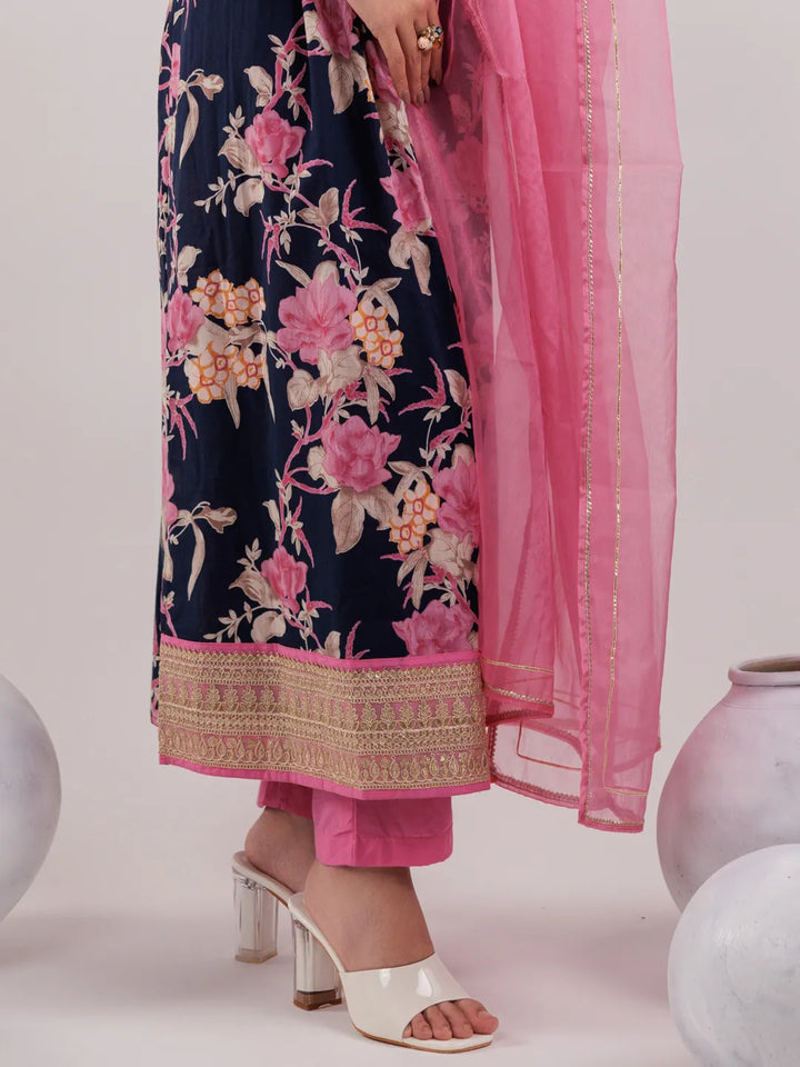 Navy Floral Print Cotton Fit And Flare Kurta Trouser &amp; Dupatta Set