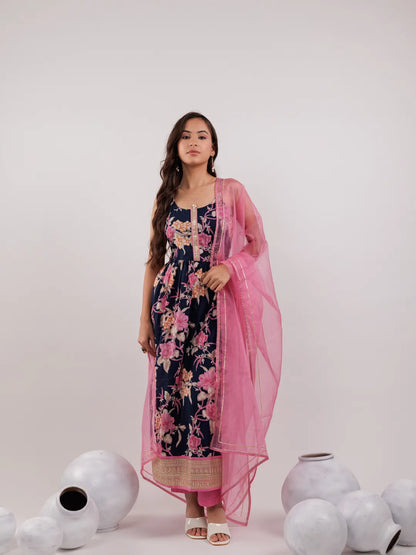 Navy Blue Floral Print Cotton Fit And Flare Kurta Trouser & Dupatta Set