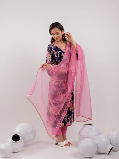 Navy Blue Floral Print Cotton Straight Kurta Trouser With Dupatta Set