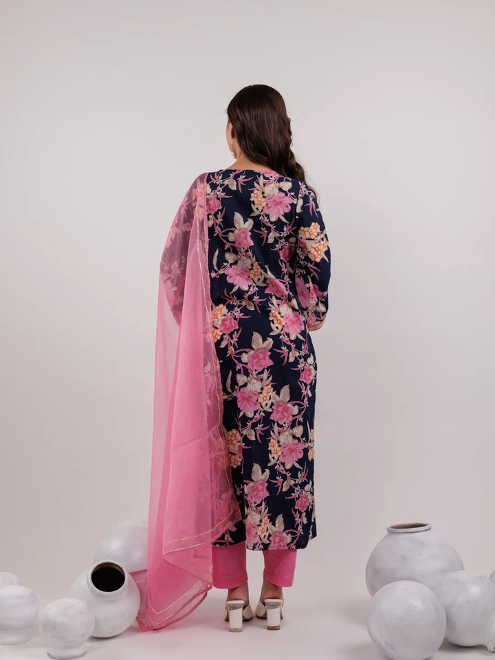 Navy Floral Print Cotton Straight Kurta Trouser With Dupatta Set