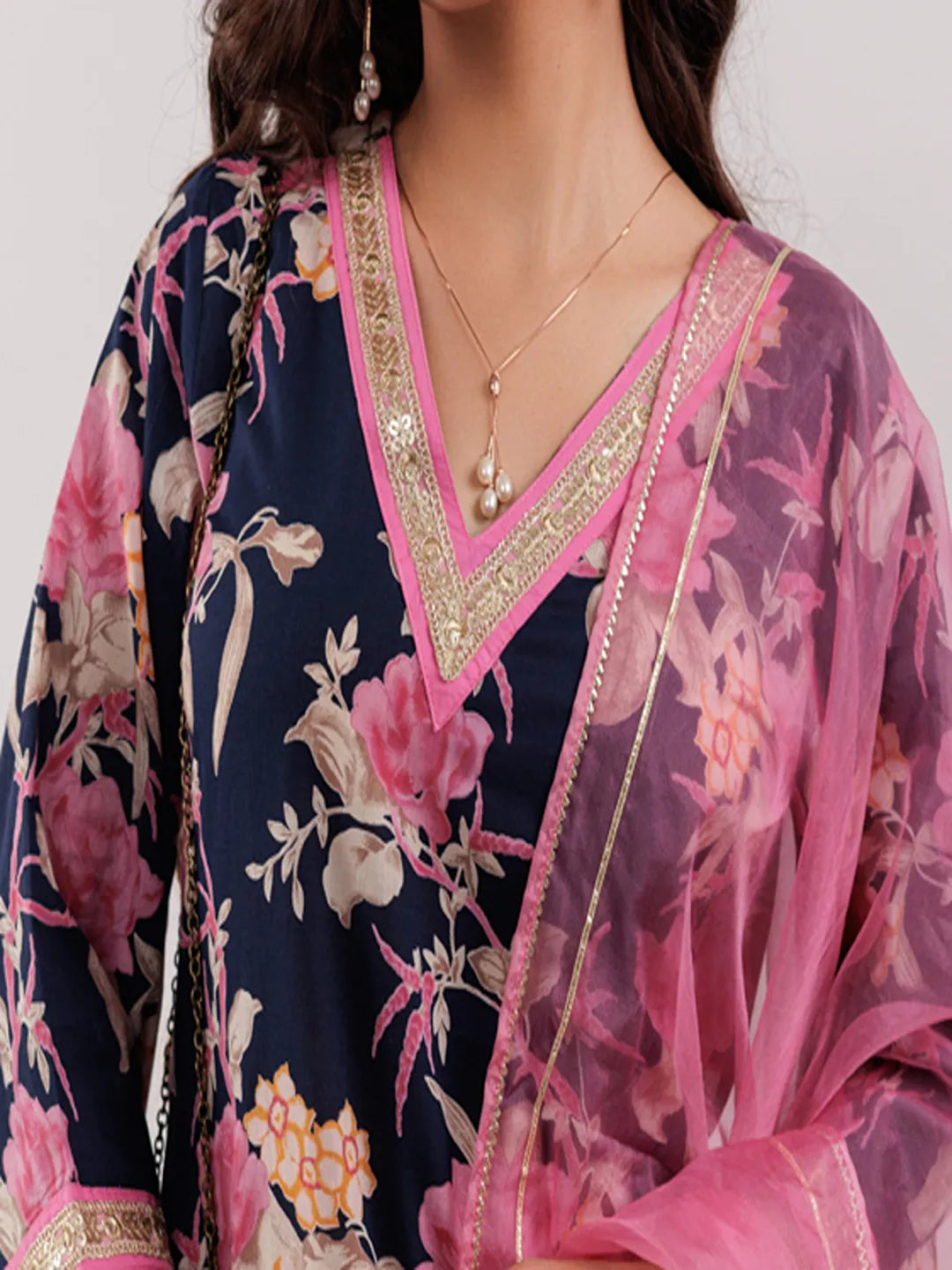 Navy Floral Print Cotton Straight Kurta Trouser With Dupatta Set