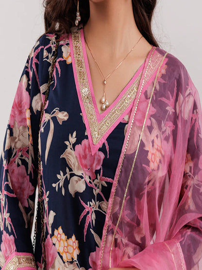 Navy Blue Floral Print Cotton Straight Kurta Trouser With Dupatta Set