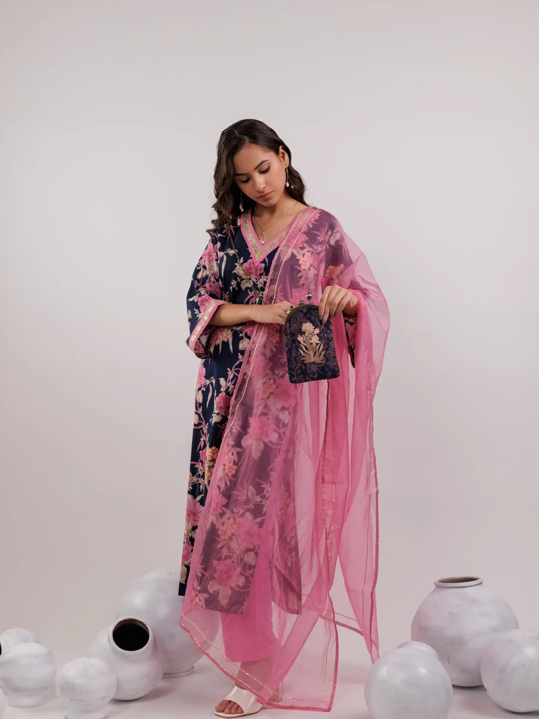 Navy Floral Print Cotton Straight Kurta Trouser With Dupatta Set