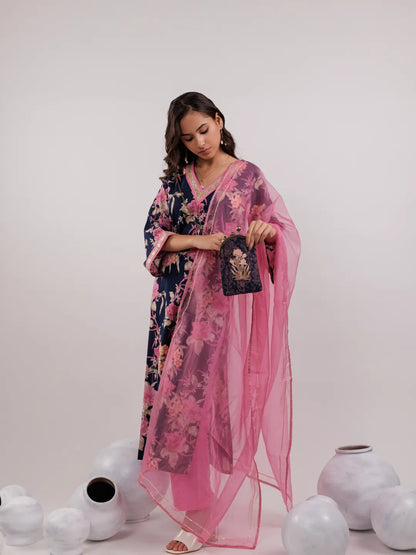 Navy Blue Floral Print Cotton Straight Kurta Trouser With Dupatta Set