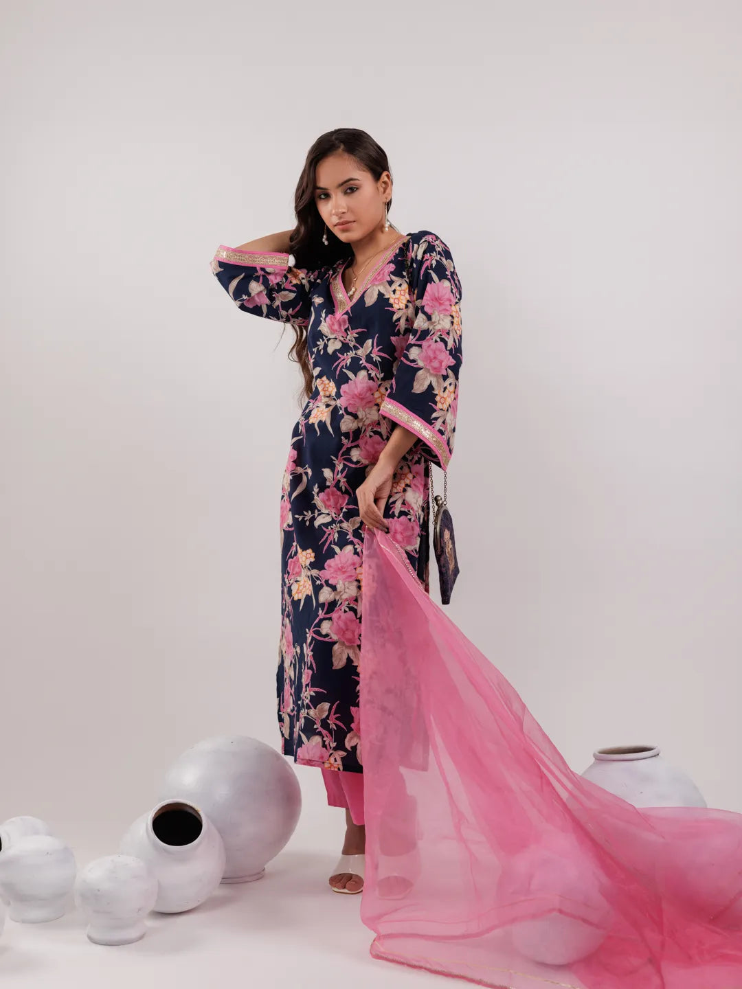 Navy Floral Print Cotton Straight Kurta Trouser With Dupatta Set