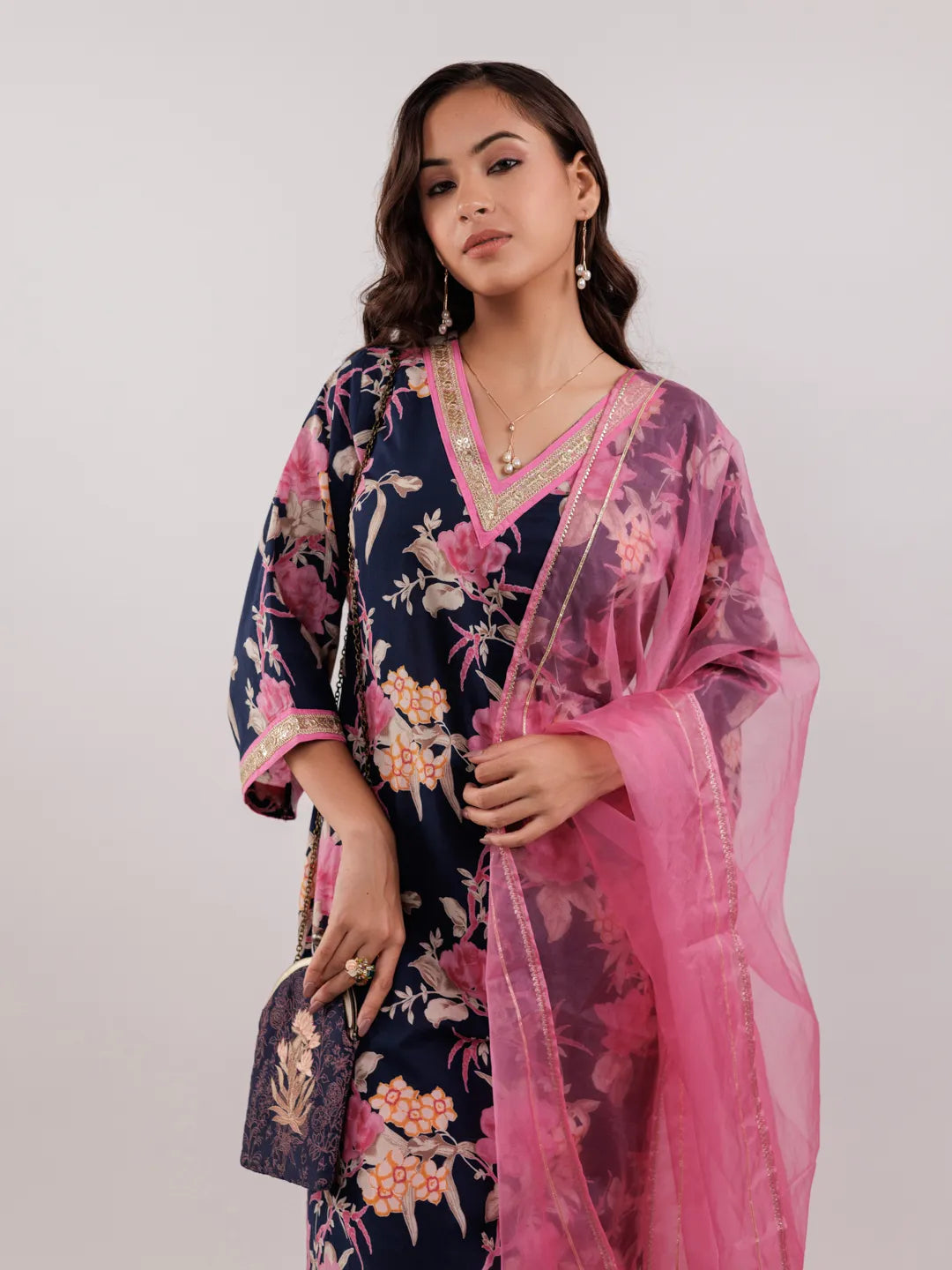 Navy Blue Floral Print Cotton Straight Kurta Trouser With Dupatta Set