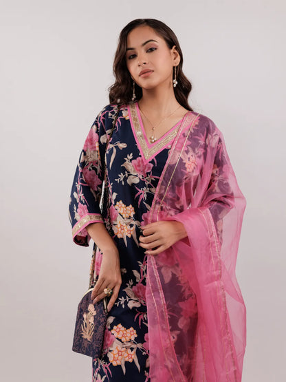Navy Blue Floral Print Cotton Straight Kurta Trouser With Dupatta Set