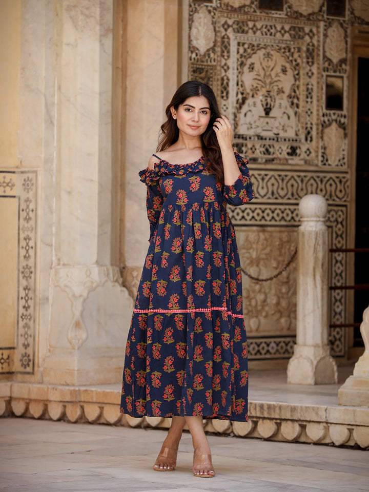 Navy Blue Floral Printed Dress