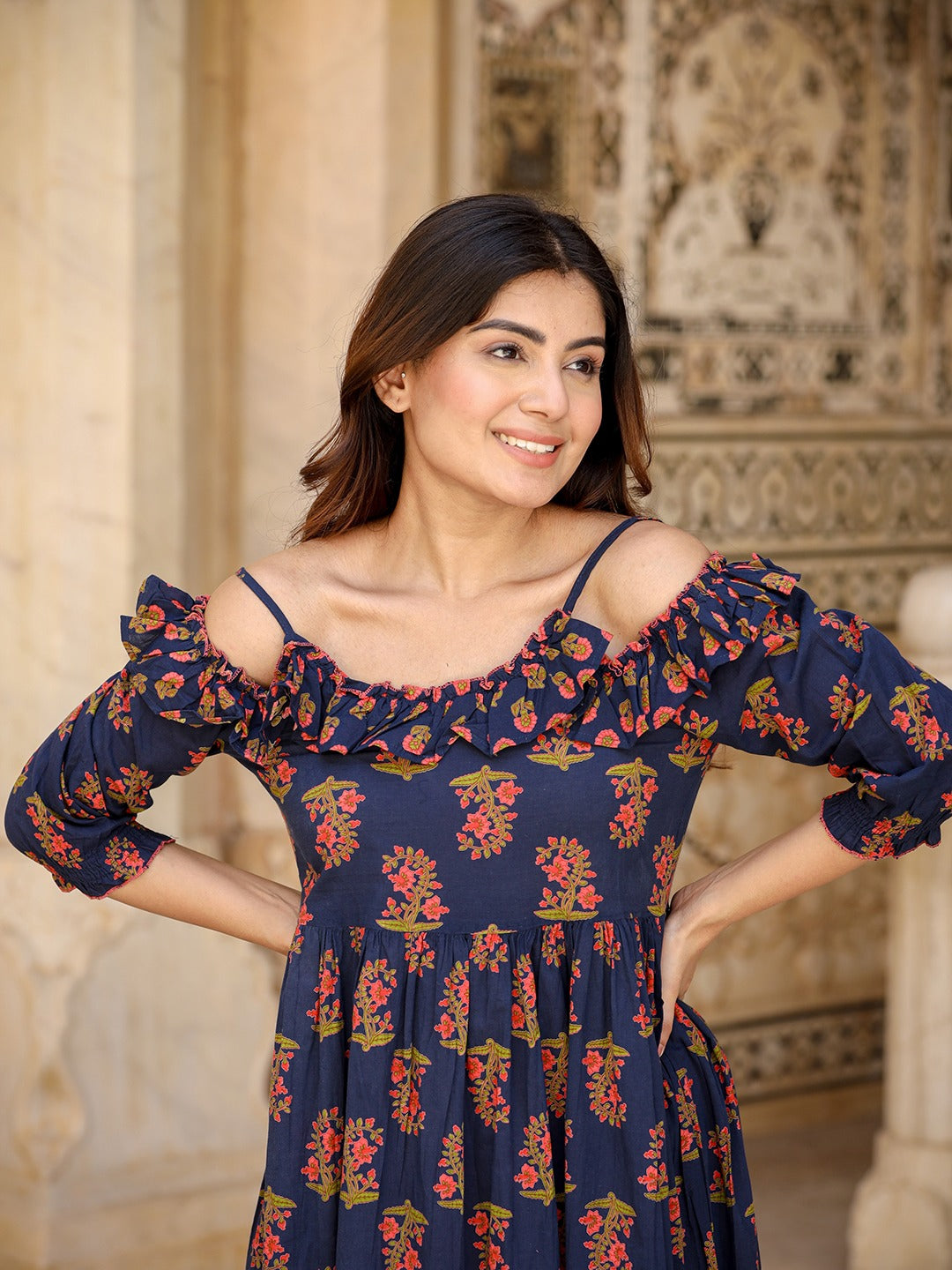 Navy Blue Floral Printed Dress