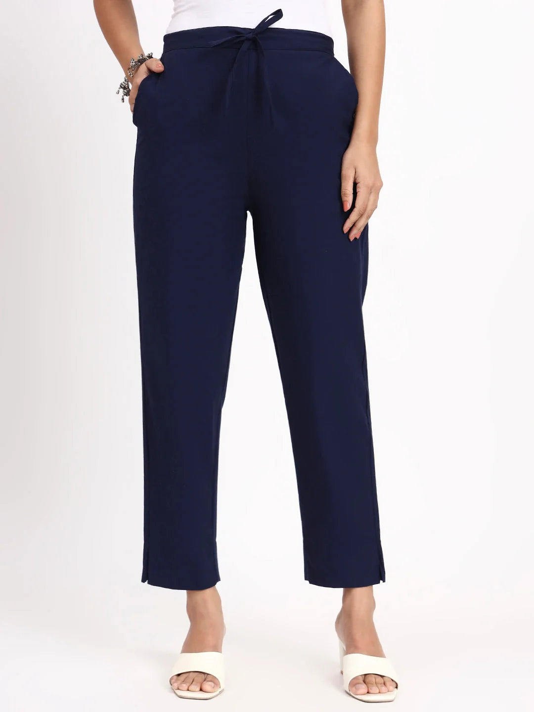 Mid-Rise Ankle-Length Regular Fit Poplin Pants