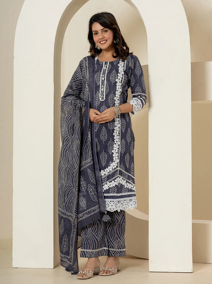 Navy Blue Patch Work Pure Cotton Straight Kurta And Dupatta Set