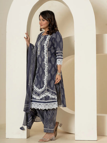 Navy Blue Patch Work Pure Cotton Straight Kurta And Dupatta Set