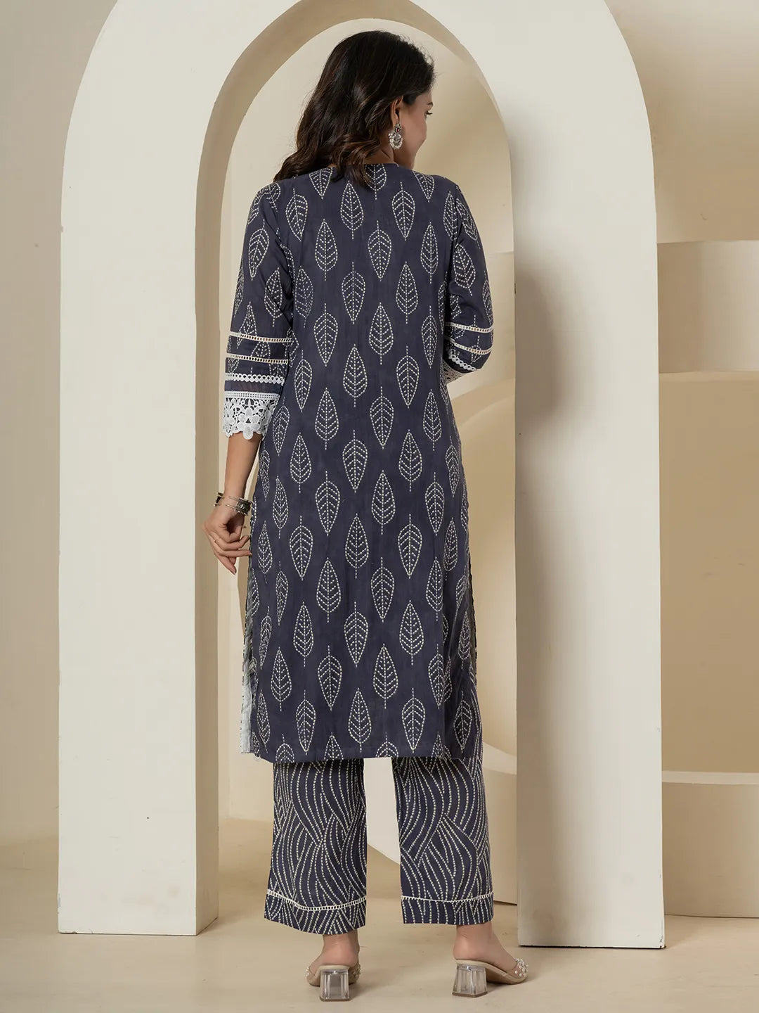 Navy Blue Patch Work Pure Cotton Straight Kurta And Dupatta Set