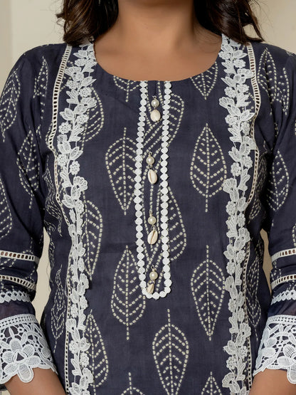 Navy Blue Patch Work Pure Cotton Straight Kurta And Dupatta Set