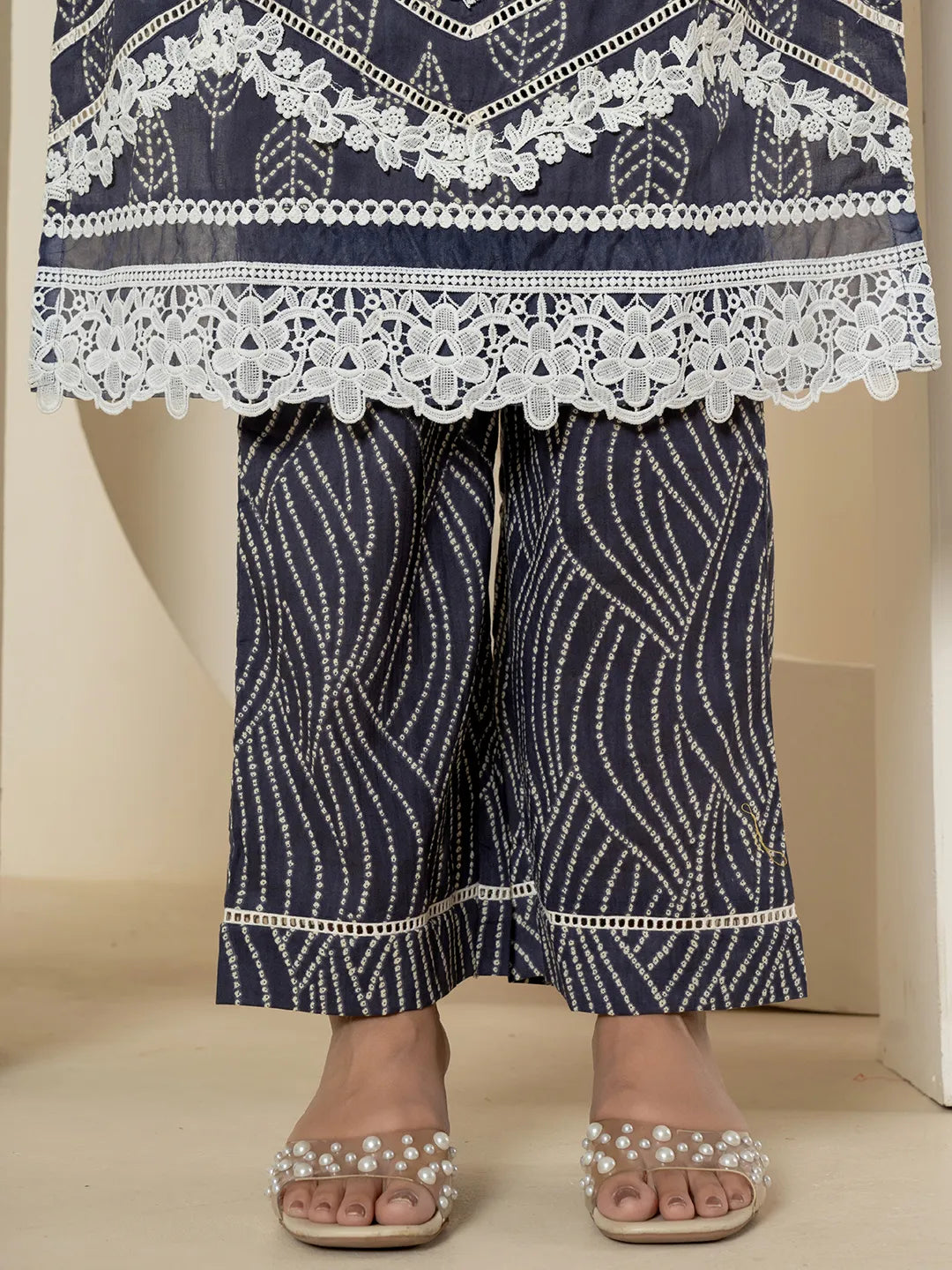 Navy Blue Patch Work Pure Cotton Straight Kurta And Dupatta Set