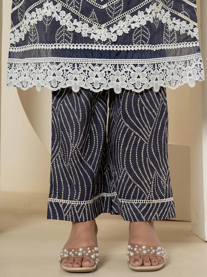 Navy Blue Patch Work Pure Cotton Straight Kurta And Dupatta Set