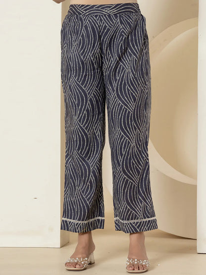 Navy Blue Patch Work Pure Cotton Straight Kurta And Dupatta Set