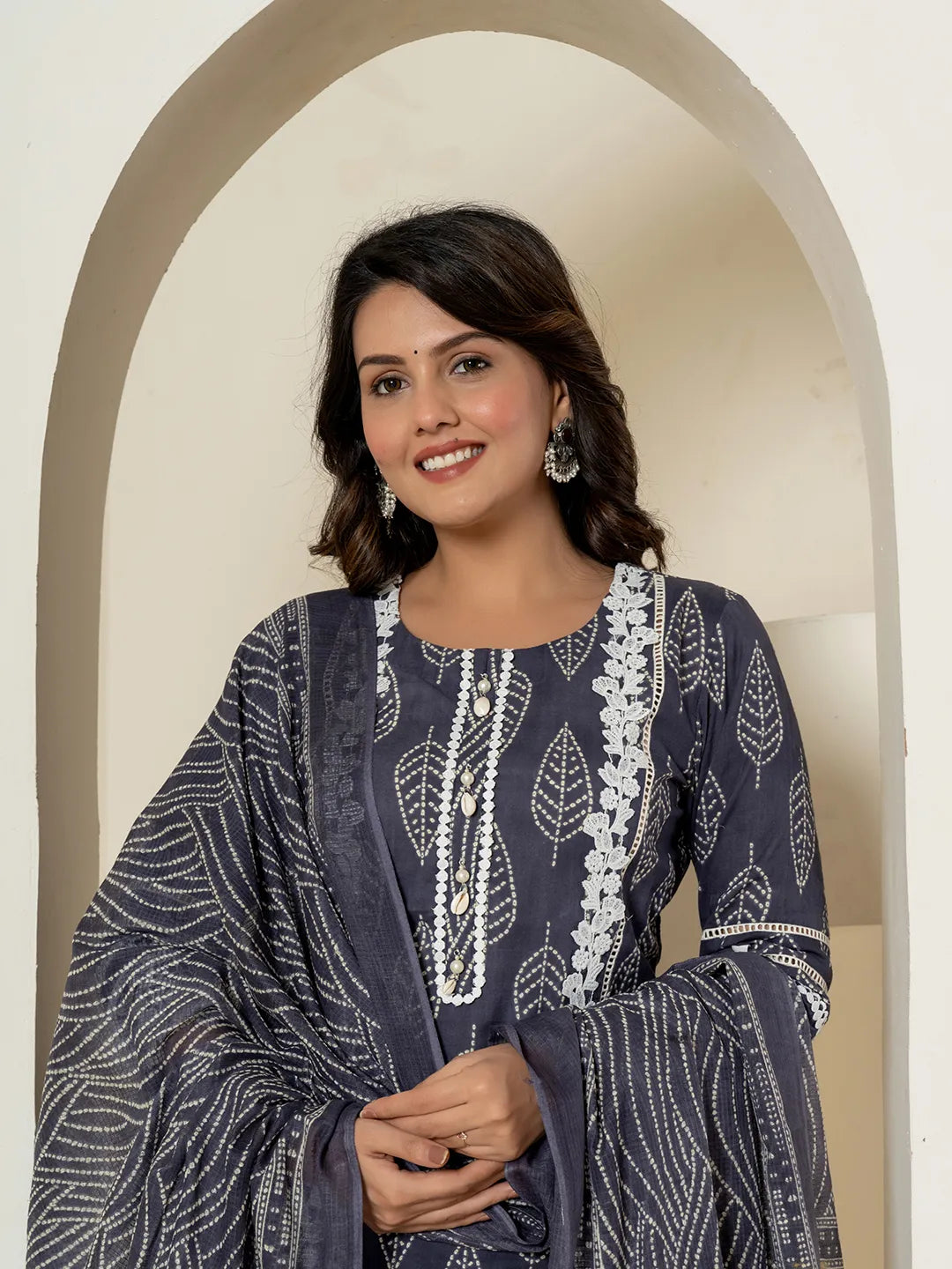 Navy Blue Patch Work Pure Cotton Straight Kurta And Dupatta Set