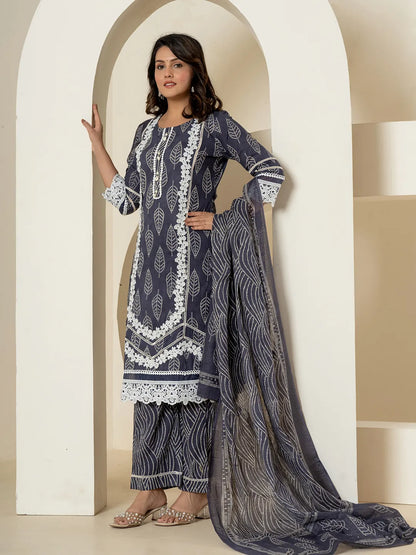 Navy Blue Patch Work Pure Cotton Straight Kurta And Dupatta Set
