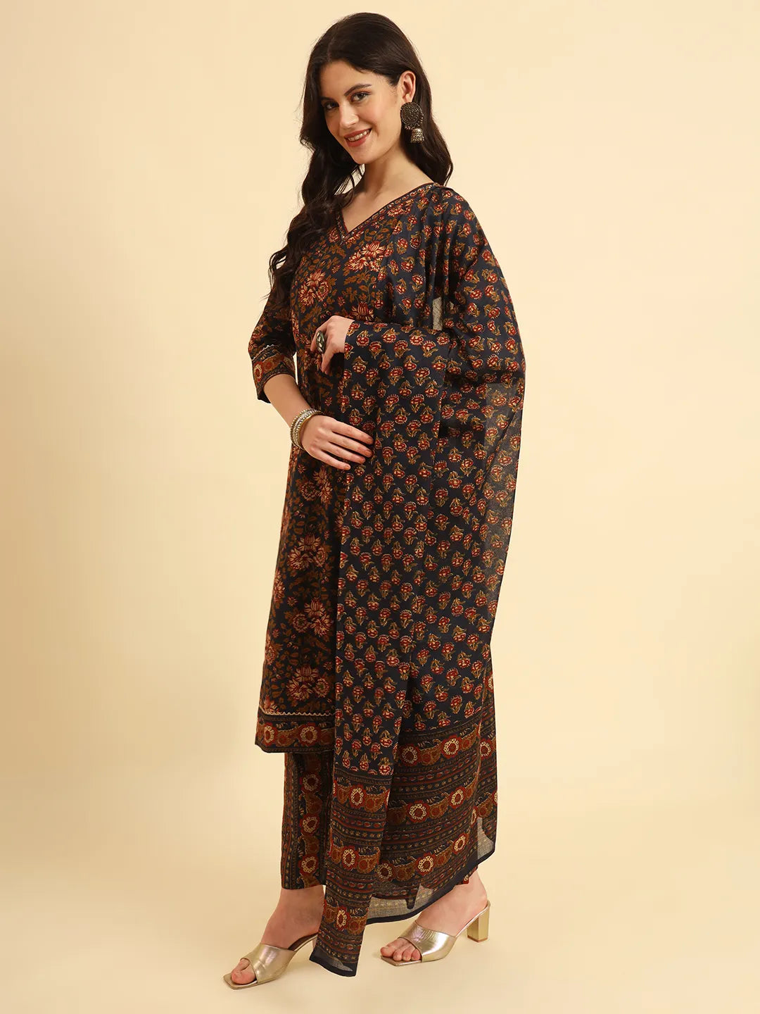 Navy Pure Cotton Floral Sequins Worky Kurta Set With Dupatta