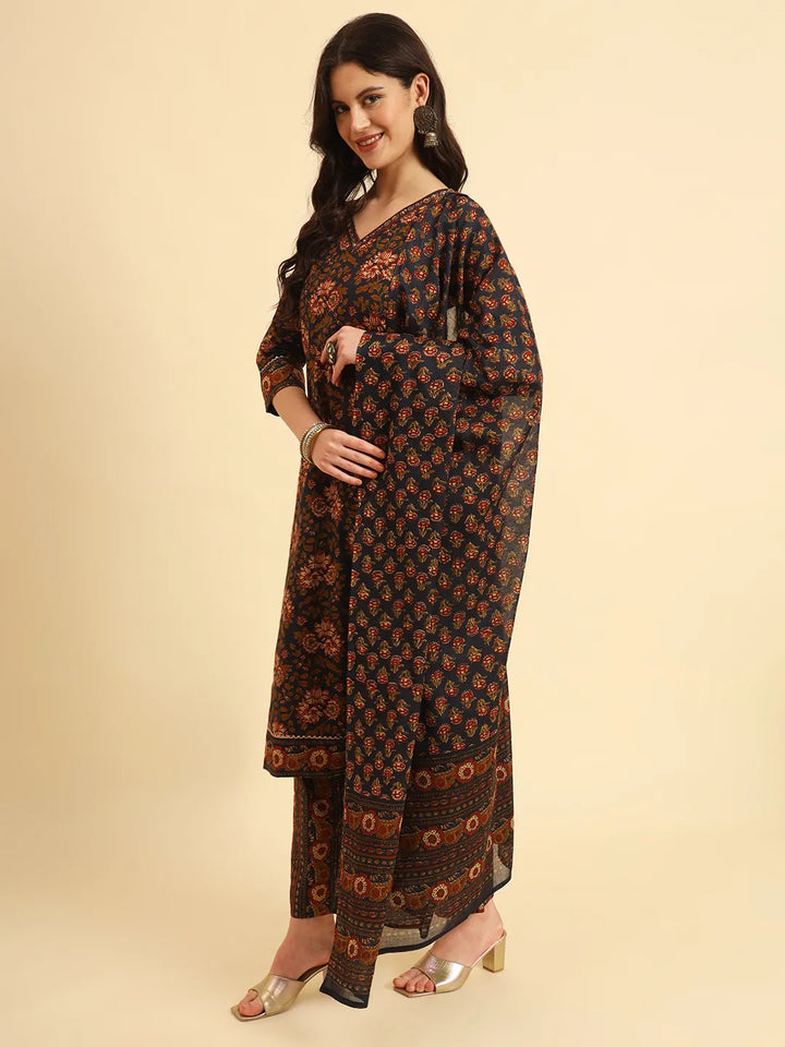 Navy Pure Cotton Floral Sequins Worky Kurta Set With Dupatta