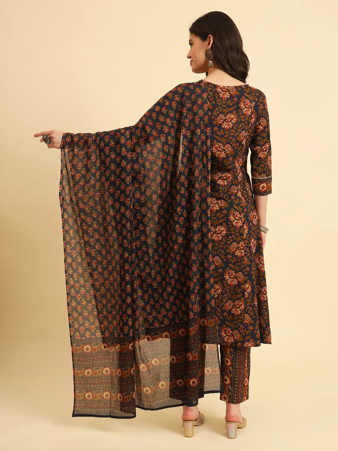 Navy Pure Cotton Floral Sequins Worky Kurta Set With Dupatta