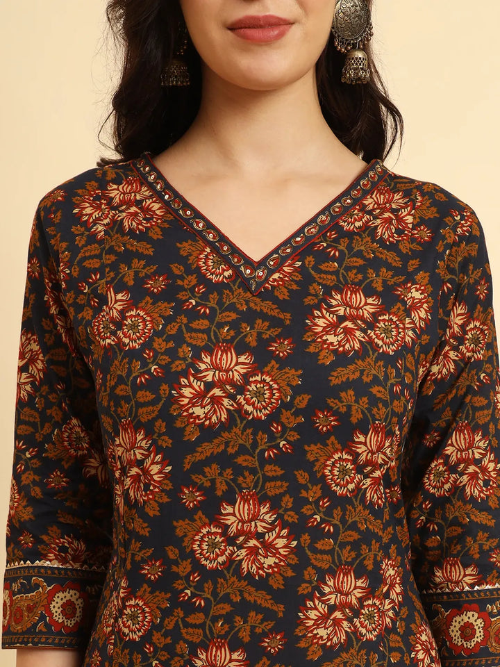 Navy Pure Cotton Floral Sequins Worky Kurta Set With Dupatta