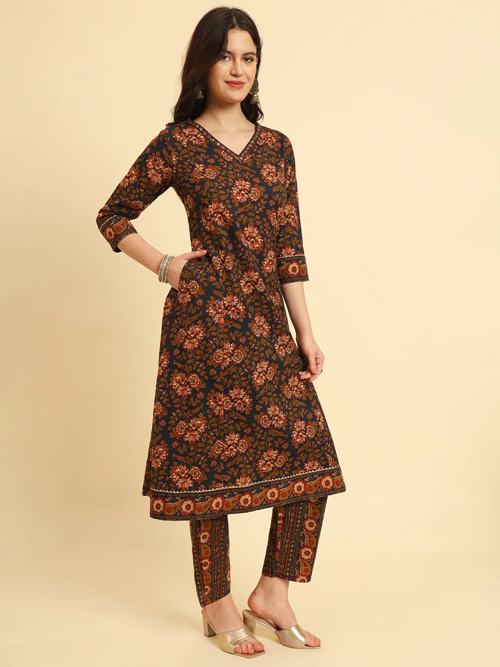 Navy Pure Cotton Floral Sequins Worky Kurta Set With Dupatta