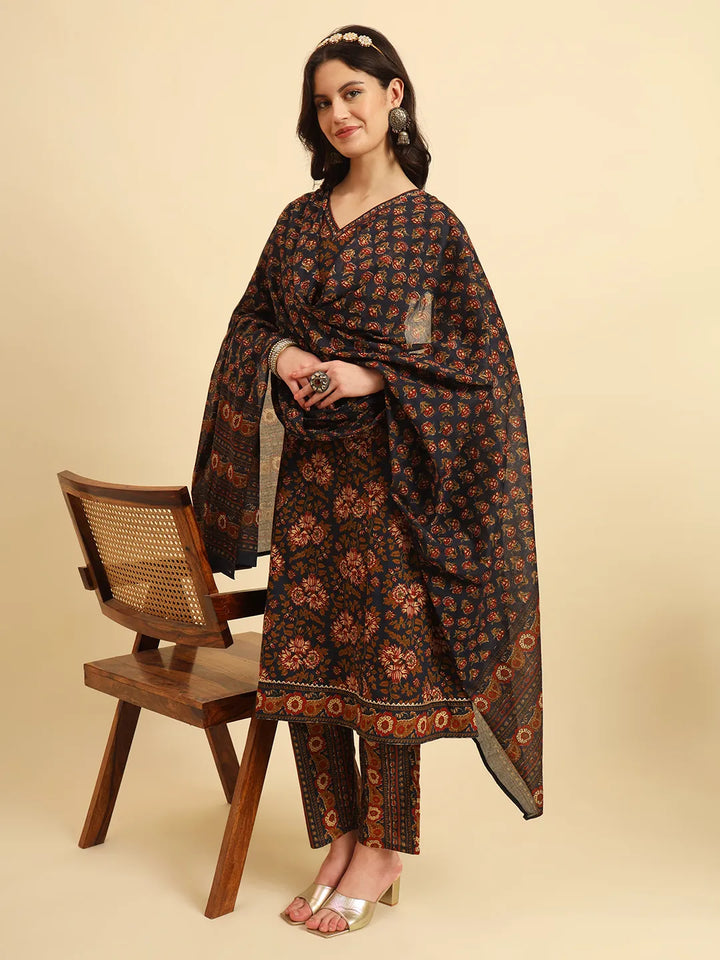 Navy Pure Cotton Floral Sequins Worky Kurta Set With Dupatta
