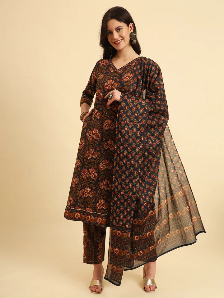 Navy Pure Cotton Floral Sequins Worky Kurta Set With Dupatta